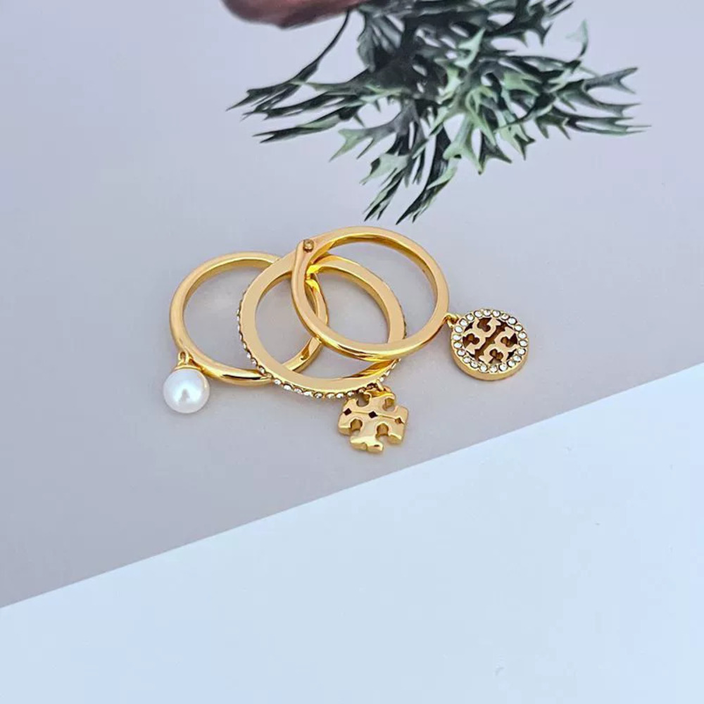 Tory Burch Pearl Rhinestone Two Tone Triple Ring Three in One Ring